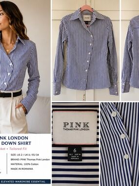 Thomas Pink Navy and White Striped Dress Shirt